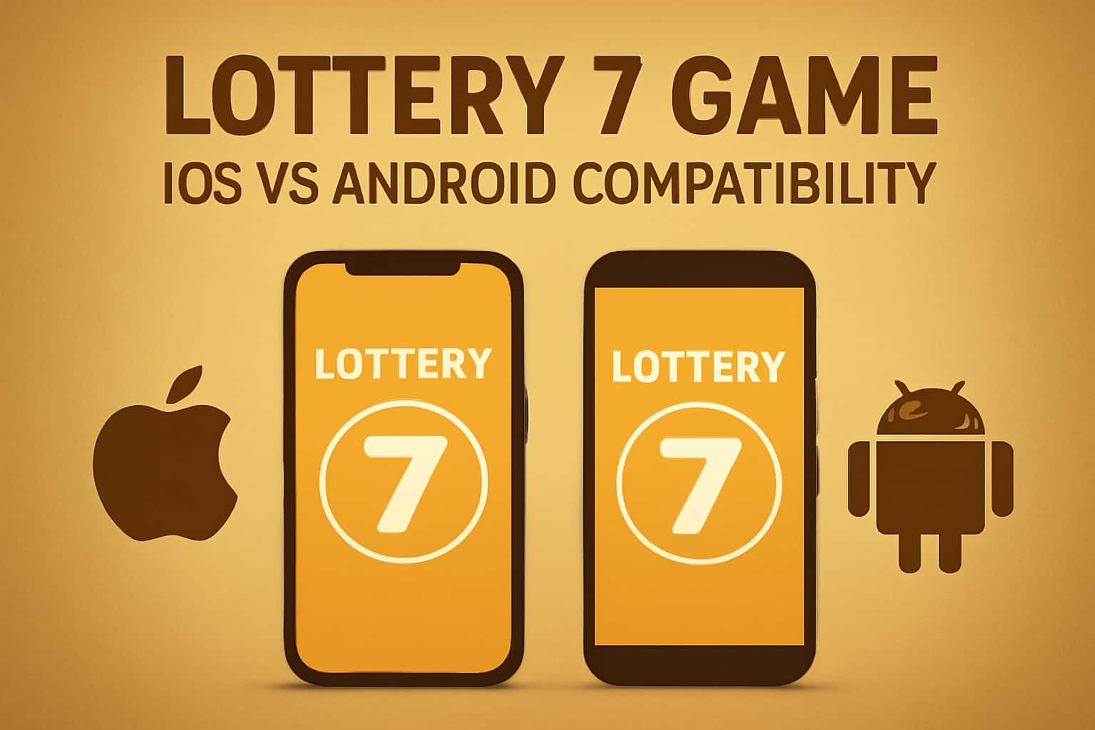Informational scene showing compatibility features of Lottery 7 Game across iOS and Android.